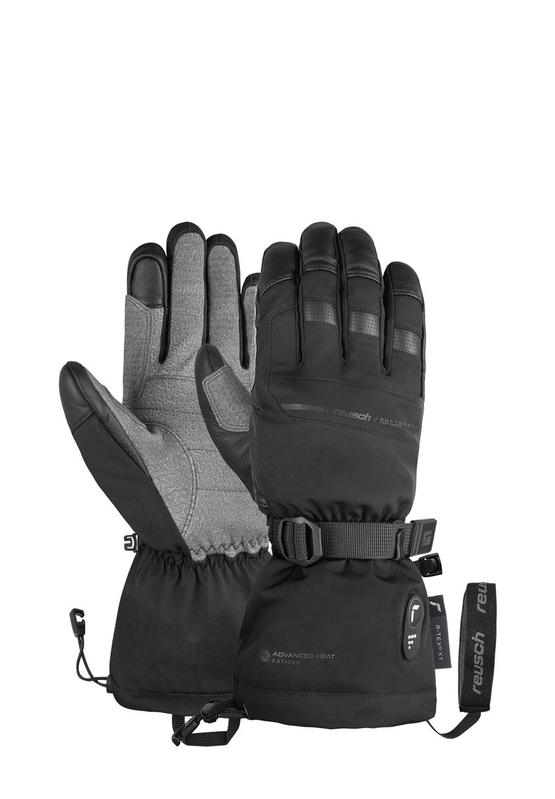 Zwarte winterhandschoenen met een gestructureerde grijze palm, voorzien van een veilige polsriem en een controleknop voor verwarming. Gemaakt van waterproof materiaal.