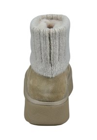 Hellbraune Wildleder-Ankle-Boots mit einem hellgrauen gestrickten Schaft. Die strukturierte Sohle ist beige und bietet einen Kontrast zu den oberen Materialien. Weiche Innenauskleidung.