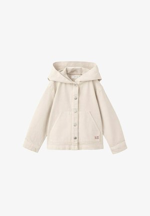 Veste beige à capuche avec boutons, manches longues et une poche avant kangourou ornée d'une petite étiquette "all day vacay".
