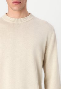 Μπεζ πλεκτό πουλόβερ με ribbed στρογγυλή λαιμόκοψη. Μακρές μανίκες, απαλή υφή και ελαφρώς εφαρμοστή σιλουέτα. Χωρίς ορατά λογότυπα ή μοτίβα.