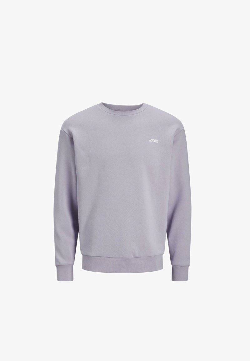 Sudadera de color púrpura claro con mangas largas, cuello redondo, puños y dobladillo de canalé, con un pequeño logo blanco "URBAN" en el pecho. Textura de tela suave.