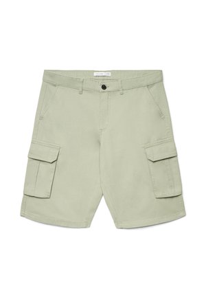 Hellgrüne Cargo-Shorts mit vorderem Knopf, Gürtelschlaufen, schrägen Seitentaschen und Klappentaschen an jedem Oberschenkel, flach auf weißem Hintergrund liegend.