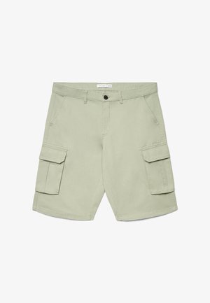 Shorts cargo vert clair avec bouton avant, passants de ceinture, poches latérales inclinées et poches à rabat sur chaque cuisse, posés à plat sur un fond blanc.