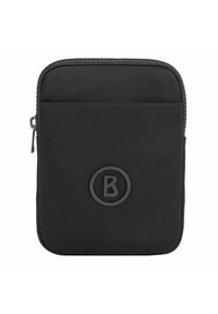 Funda negra con cremallera de textura suave, que presenta un logo redondo en la parte frontal y una superficie de tela duradera. Diseño rectangular simple.