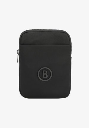 Zwarte met rits afgesloten tas met een gladde textuur, met een rond logo aan de voorkant en een duurzame stoffen oppervlakte. Eenvoudig rechthoekig ontwerp.