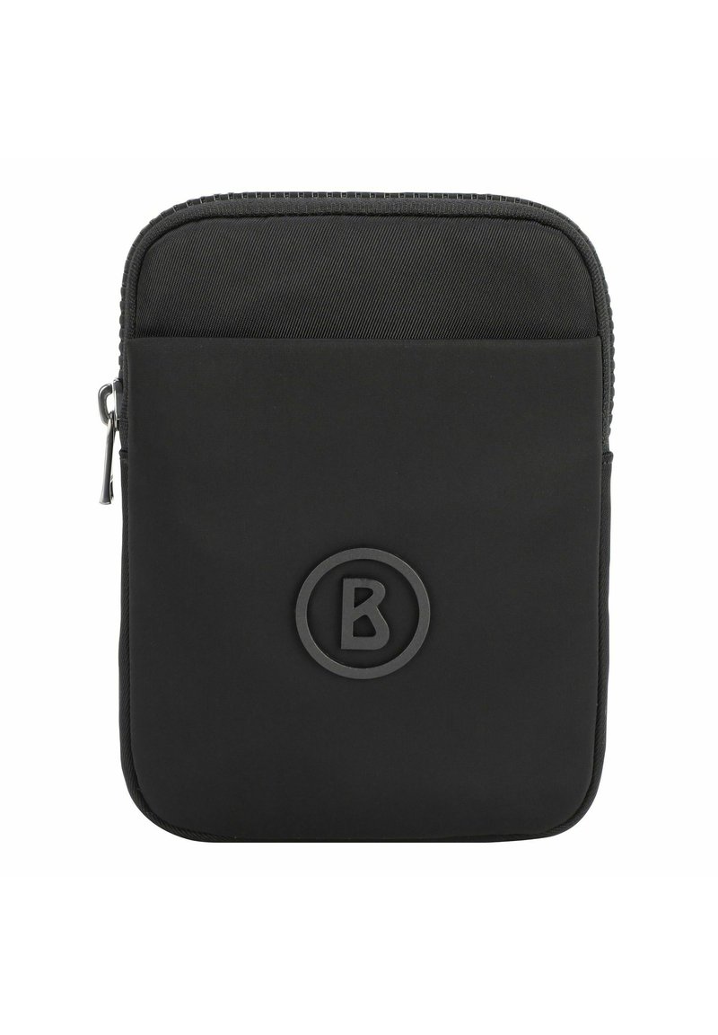 Funda negra con cremallera de textura suave, que presenta un logo redondo en la parte frontal y una superficie de tela duradera. Diseño rectangular simple.