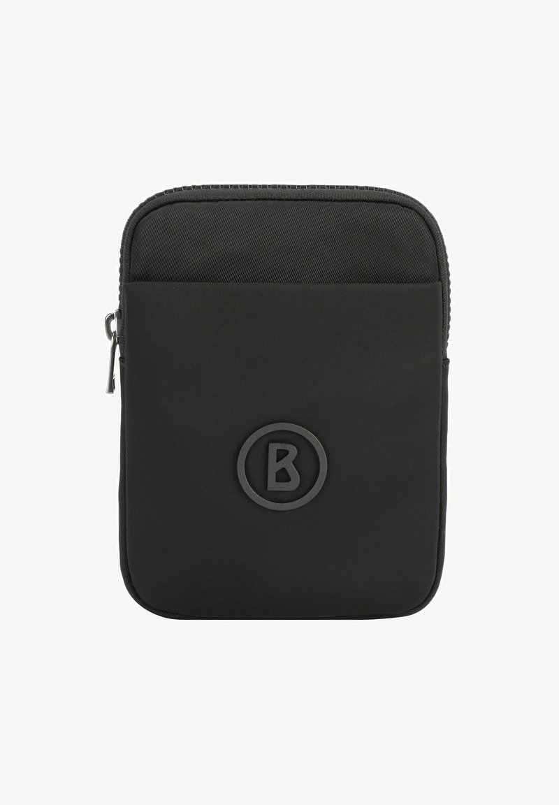 Bustina nera con zip, dalla texture morbida, con un logo rotondo sulla parte anteriore e una superficie in tessuto durevole. Design rettangolare semplice.