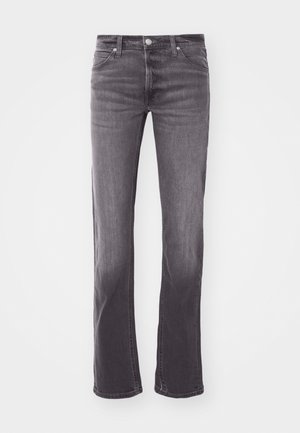 Gray denim jeans with a straight-leg cut, featuring a classic five-pocket design, button closure, and subtle fading. Smooth texture throughout.