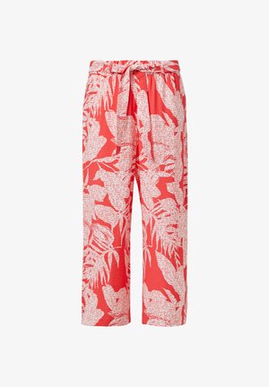 Czerwono-białe spodnie w wzory z elastycznym paskiem w talii i związanym przodem. Materiał ma wzór kwiatowy z teksturowanymi akcentami.