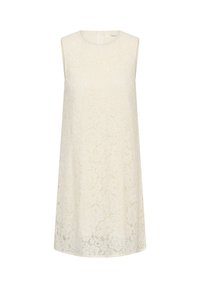 Robe en dentelle ivoire sans manches, à col rond et coupe droite et ample, présentée sur fond blanc.