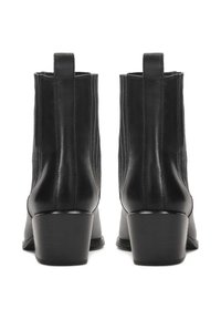 Black leather ankle boots with a smooth texture, elastic side panels, a loop tab, and a stacked heel. Simple design features without embellishments.