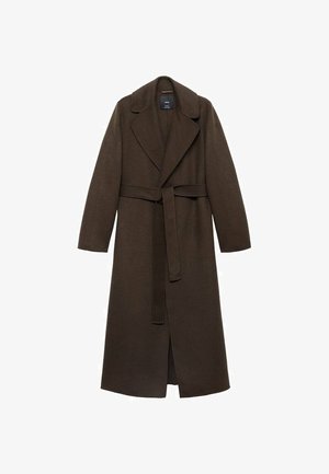 Bruine wolmix jas met een gekartelde kraag, lange mouwen, riem in de taille en een rechte silhouet, met een open voorkant en zijslits.