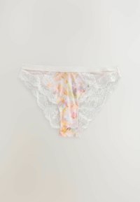 Höschen mit Blumenmuster, vorne in sanften Pastellfarben und mit weißer Spitzenborte, die gezackte Kanten und einen elastischen Bund aufweist.