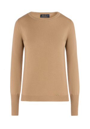 Beige knitted sweater with a round neckline and long sleeves. Features ribbed hem and cuffs, with a small gold logo accent on the bottom.