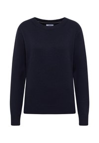 Marineblauer Strickpullover mit rundem Ausschnitt, langen Ärmeln und gerippten Bündchen und Saum. Glatte Textur und mittelschwerer Stoff.