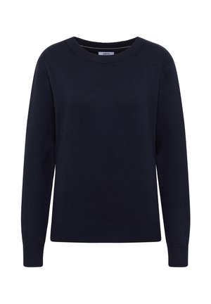 Pull en tricot bleu marine avec un col rond, des manches longues et des poignets et un ourlet côtelés. Texture lisse et tissu de poids moyen.