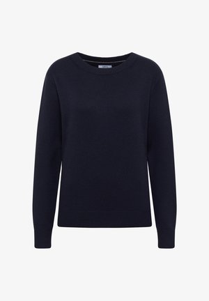 Pull en tricot bleu marine avec un col rond, des manches longues et des poignets et un ourlet côtelés. Texture lisse et tissu de poids moyen.