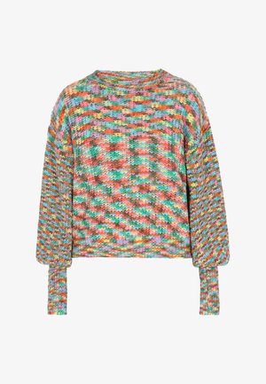 Pull en tricot en fils multicolores vifs, doté d'un col rond et de manches longues avec des poignets côtelés, à la coupe texturée et décontractée.