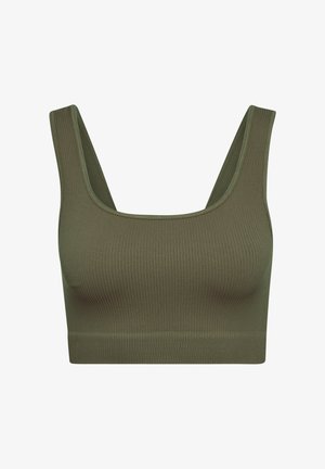 Olivengroen geribde crop top met een brede ronde halslijn en dikke bandjes, met een naadloos ontwerp en een soepele textuur.
