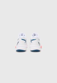 White athletic shoes featuring a textured finish, with blue and pink accents on the sole and lateral design elements. Rubber outsole for traction.