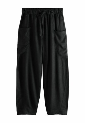 Loose black pants with elastic waistband, drawstring, and large side pockets, made from soft fabric.