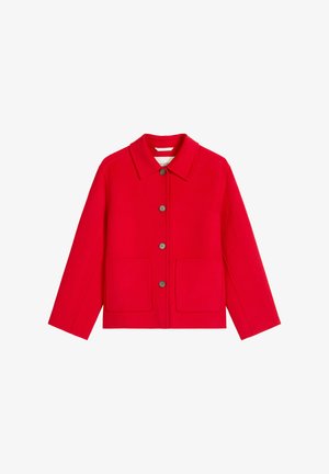 Red coat with a collar, seven brown buttons, and two front pockets. Made from a smooth material, it has a structured fit and long sleeves.