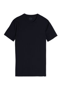 Dunkelblaues Kurzarm-T-Shirt aus weicher Baumwolle. Rundhalsausschnitt, gerader Saum und keine sichtbaren Muster oder Akzente. Einfaches und klassisches Design.