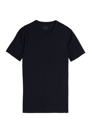 Dunkelblaues Kurzarm-T-Shirt aus weicher Baumwolle. Rundhalsausschnitt, gerader Saum und keine sichtbaren Muster oder Akzente. Einfaches und klassisches Design.