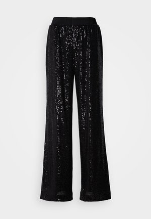 Pantalons larges en sequins noirs avec une taille élastique texturée, arborant une surface scintillante et un design longueur complète.