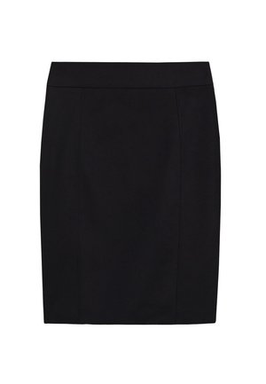 Jupe crayon noire mi-longue avec une taille ajustée et des détails de coutures verticales sur fond blanc.