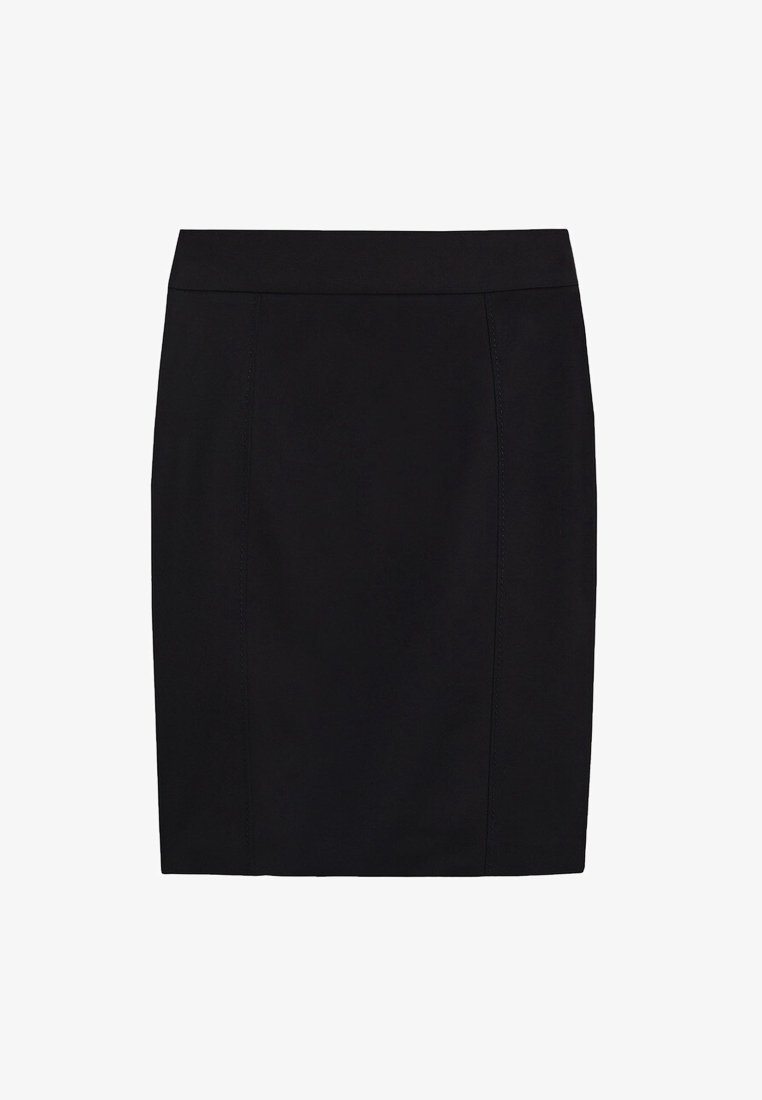 Jupe crayon noire mi-longue avec une taille ajustée et des détails de coutures verticales sur fond blanc.
