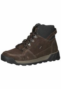 Botas de senderismo de ante marrón con un cuello negro texturizado, herrajes metálicos y una suela de goma resistente diseñada para durabilidad y tracción.