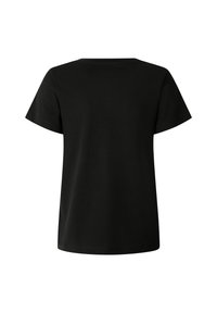 Jednoduché čierne tričko s krátkym rukávom a okrúhlym výstrihom, zobrazené zozadu na bielom pozadí.