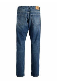Tmavě modré džíny z denimu, rovný střih nohavic, dvě zadní kapsy, prošité detaily, lehké vyblednutí a opálená značka značky na zadním pasu.