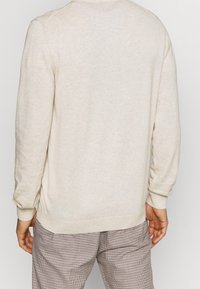 Hellbeiger Strickpullover mit langen Ärmeln, gerippten Bündchen und Saum, mit weicher Textur und einfachem Design. Rückansicht gezeigt.