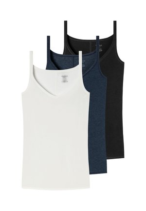 Tre canotte senza maniche in bianco, blu navy e nero, sovrapposte una davanti all'altra su uno sfondo bianco.