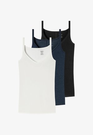 Trois débardeurs sans manches en blanc, bleu marine et noir, superposés de l'avant vers l'arrière sur un fond blanc.