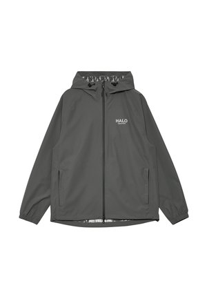 Dunkelgraue Kapuzenjacke mit Reißverschluss, elastischen Bündchen, zwei Vordertaschen und „HALO“-Logo auf der linken Brust.