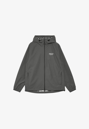 Donkergrijze capuchonvest met rits, elastische manchetten, twee voorzakken en "HALO"-logo op de linkerborst.