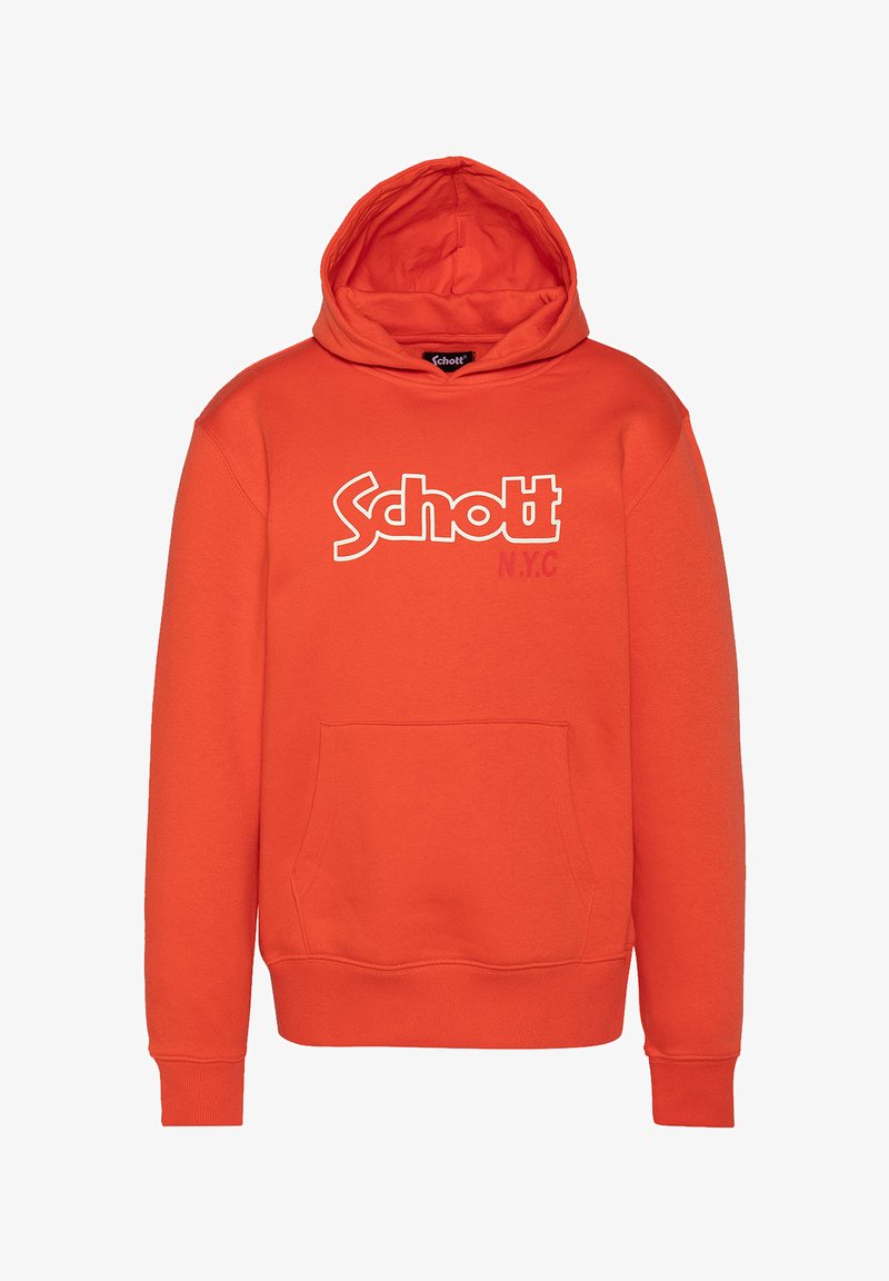Sweatshirt à capuche orange avec poche avant, arborant le logo blanc "Schott N.Y.C.". Fabriqué en tissu doux et texturé avec des poignets côtelés.