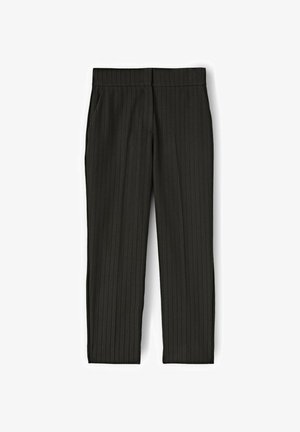 Tummanharmaat, raidoitetut housut, joissa on sileä rakenne, litteä vyötärö ja sivutaskut. Muokattu design, suora lahkeellinen leikkaus.