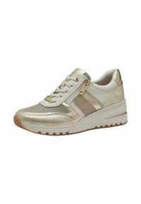 Sneaker bianco e oro con materiali in rete e pelle, dotato di una zip metallica e un dettaglio testurizzato sul lato. Suola leggera.