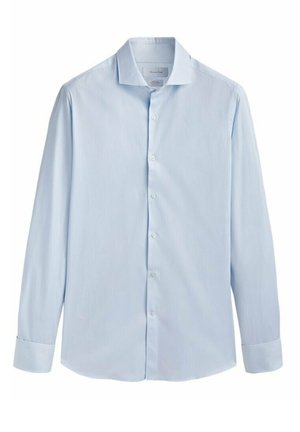 Himmelblaues Langarmhemd aus glattem Stoff, mit Button-Down-Kragen und Vorderknöpfen. Die Manschetten sind mit Knöpfen versehen und das Hemd hat eine klassische Passform.