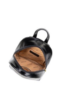 Czarny skórzany plecak z zamkiem błyskawicznym, jasnobrązowe wnętrze z napisem "WITTCHEN" oraz ozdobne ćwieki na dnie.