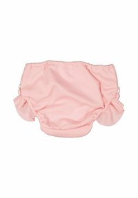 Rosa simdipa med volangkanter, tillverkad av textil med struktur. Elastisk midja och benöppningar för en säker passform. Har en rynkad design.