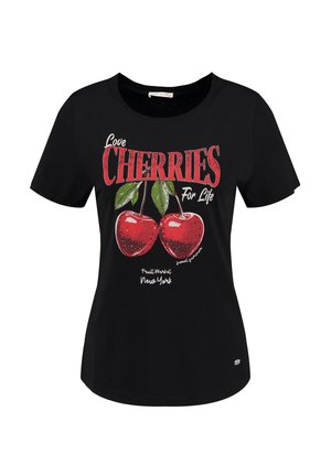 T-shirt en coton noir avec un graphique de cerise et le texte rouge "Love Cherries For Life" et "Fruit Market New York". Encolure ronde, manches courtes.