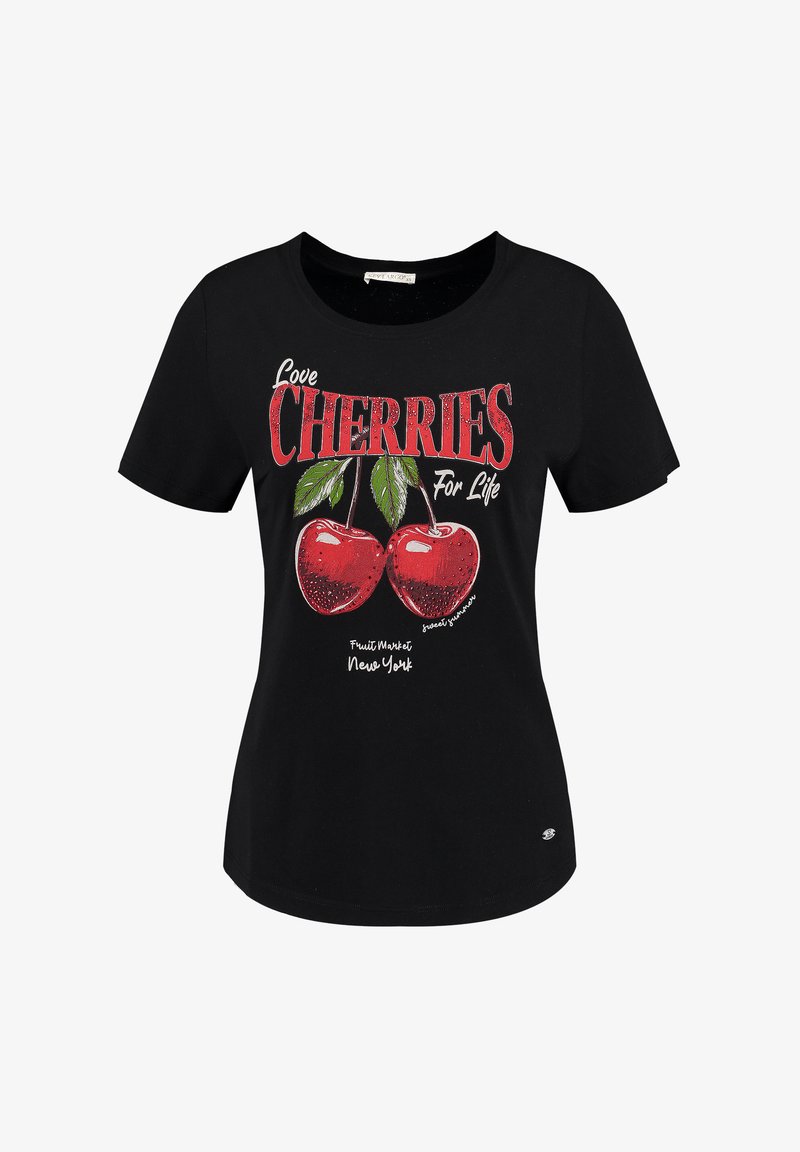 T-shirt en coton noir avec un graphique de cerise et le texte rouge "Love Cherries For Life" et "Fruit Market New York". Encolure ronde, manches courtes.