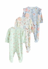 Trois grenouillères pour bébés dans des couleurs pastel : vert menthe avec un motif floral, blanc avec des fleurs variées et bleu clair avec de grands motifs floraux.