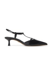 Sandalette nere in pelle lucida con punta affilata, cinturino alla caviglia regolabile e tacco a blocco di piccole dimensioni. Presenta un design a T.