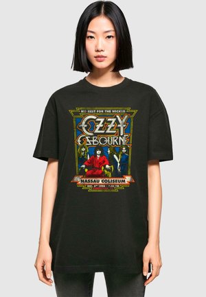 Black cotton t-shirt featuring a vibrant Ozzy Osbourne graphic, including multicolored text and illustrations. Loose fit with short sleeves.